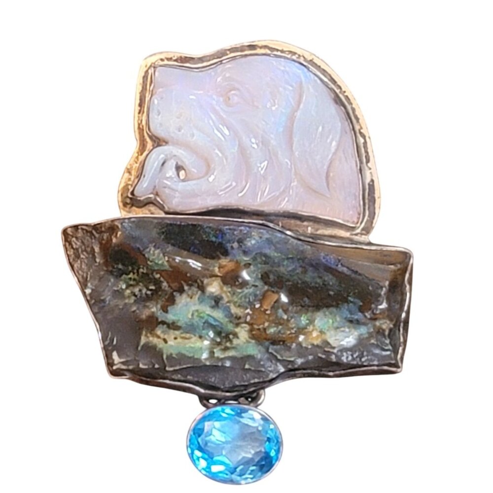 Amy Kahn Russell Opal Labradorite Topaz Dog Brooch Gemstone Pendant Sterling